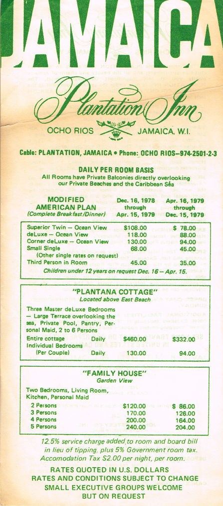 Plantation Inn Rates 1978 79 1