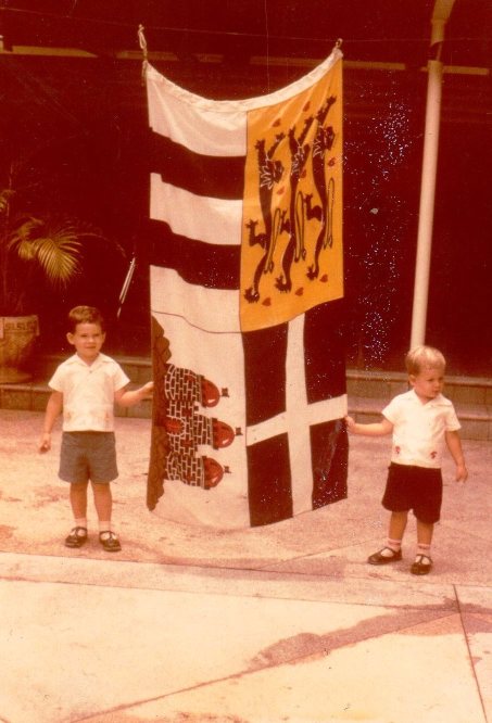 Mona William and John Ashwell with Windsor flag awaiting Royal party to Mona 1966